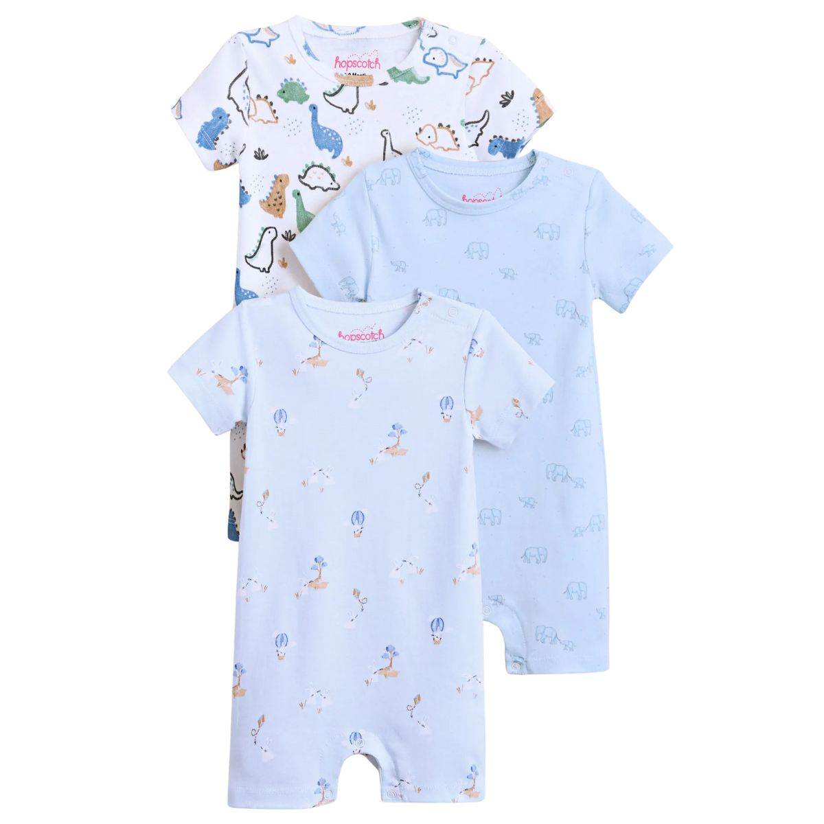 Feather & Fawn Hopscotch Short Sleeve Baby Romper | Dino, Elephant, or Balloon Print