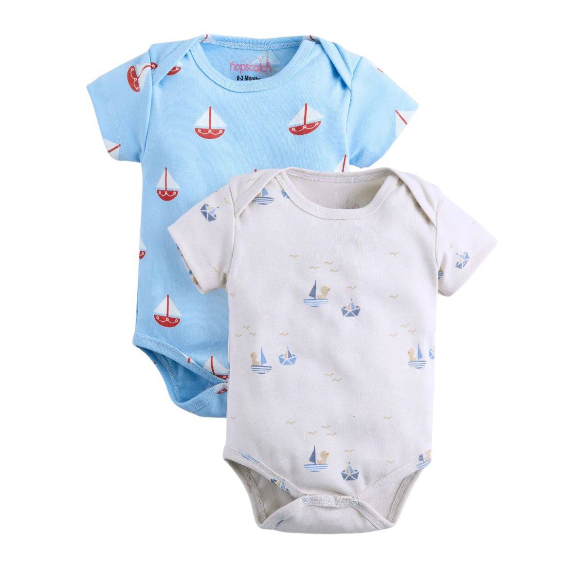 Feather & Fawn Hopscotch Short Sleeve Baby Bodysuit | Sailboat Blue or Bear at Sea Print (6-9 M)
