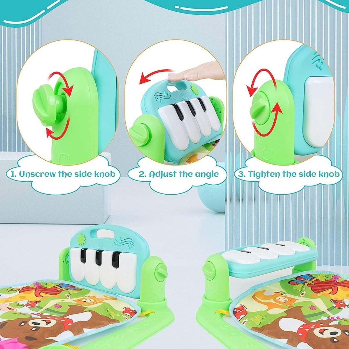 BabiePlay Kick'n'Play Musical Activity Baby Gym Mat with interactive piano, colorful toys, and soft cotton mat for motor skill development and sensory play.
