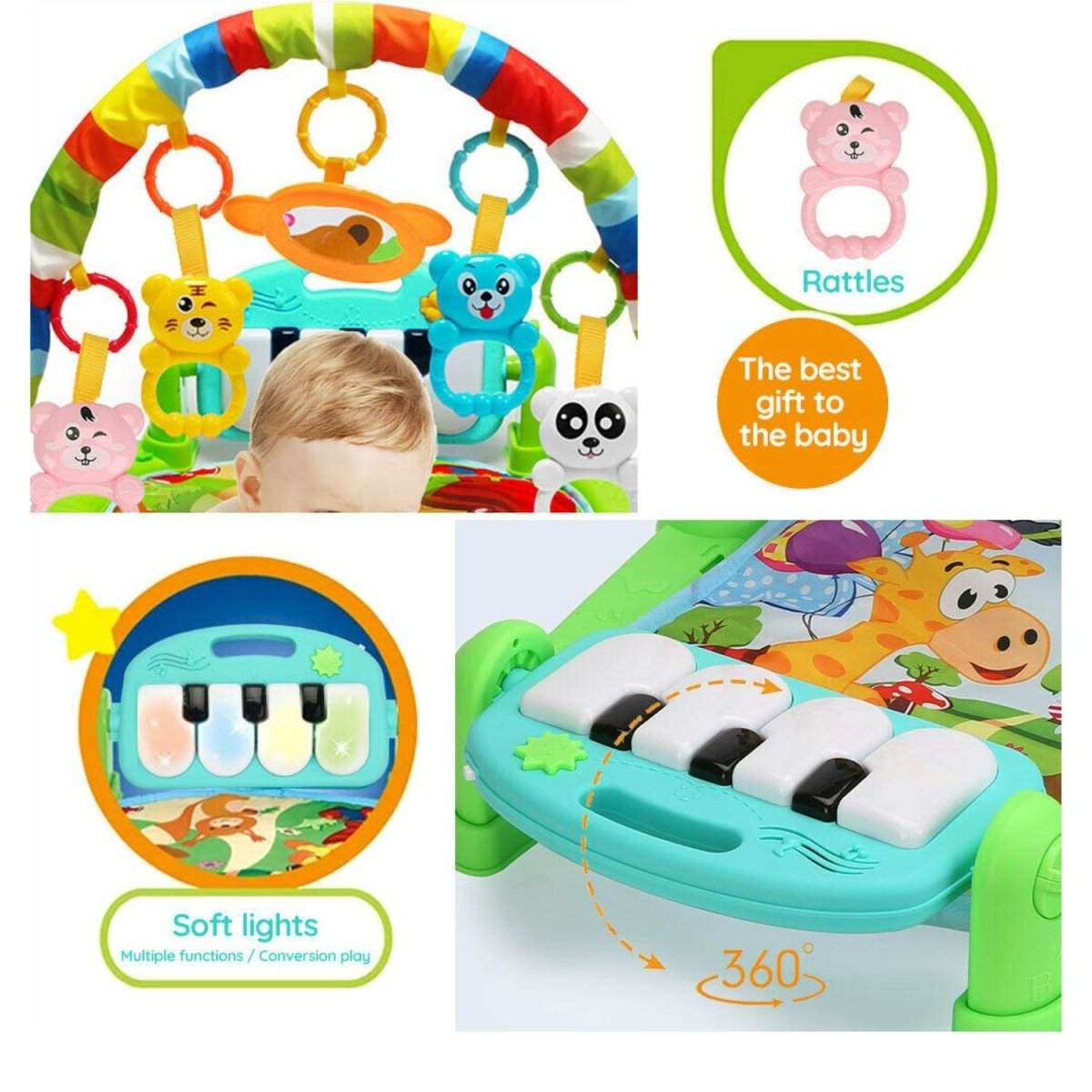 BabiePlay Kick'n'Play Musical Activity Baby Gym Mat with interactive piano and sensory toys for early motor skill development and sensory stimulation.