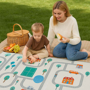 Large baby play mat foldable waterproof reversible foam with 5-layer design and reversible city and cloud patterns