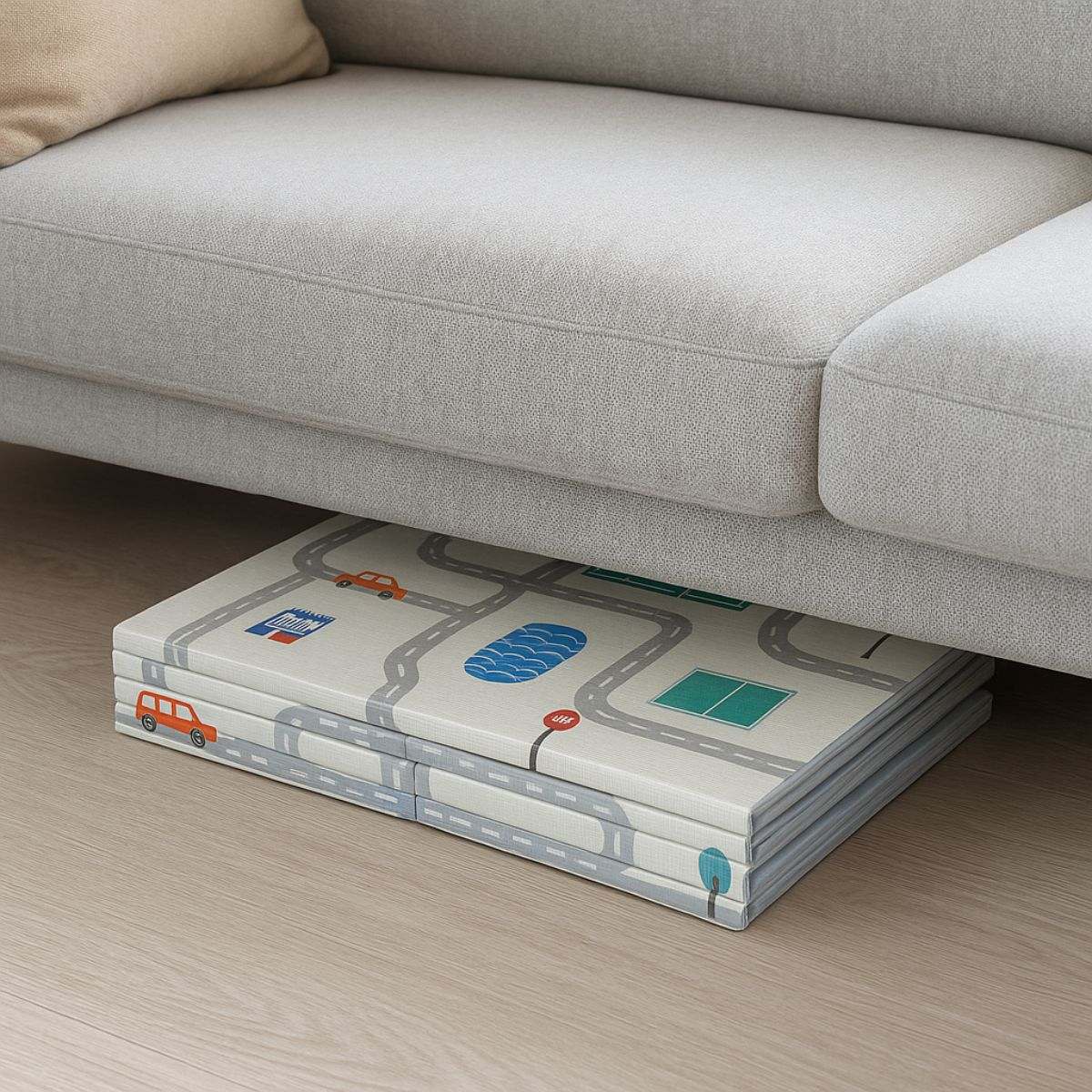 Large baby play mat with reversible city-road and cloud designs, foldable, waterproof, and extra-thick cushioning for safe indoor and outdoor use.