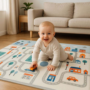Large foldable waterproof baby play mat with reversible designs and 5-layer safety foam
