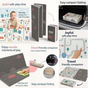 Large baby play mat 200x180 cm foldable waterproof reversible foam with colorful city and cloud designs