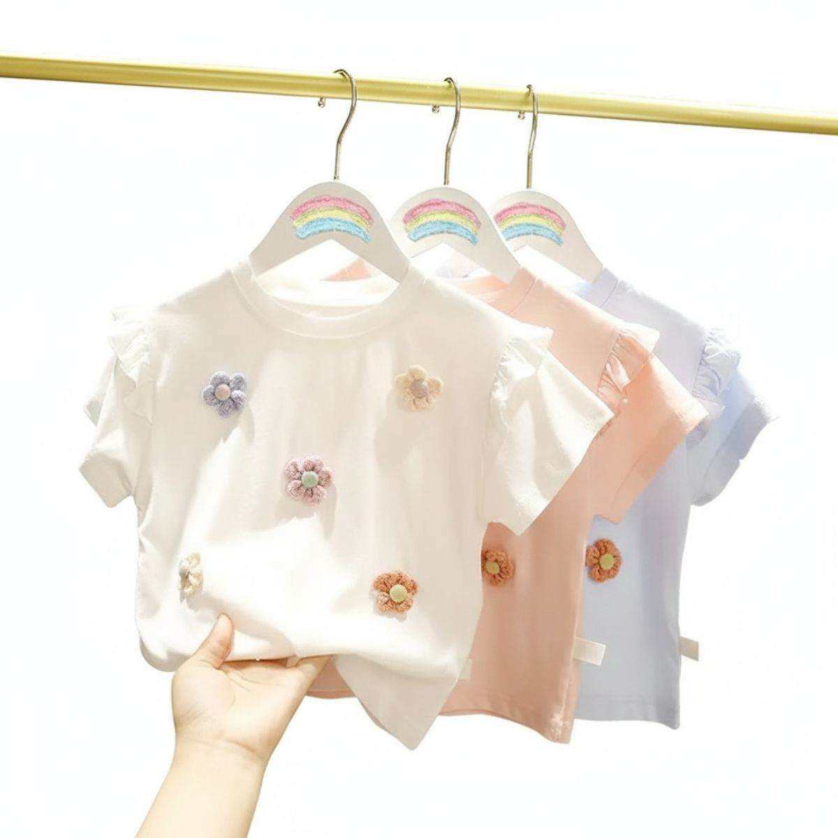 Baby girl cotton top with 3D crochet daisy appliqués and ruffled sleeves