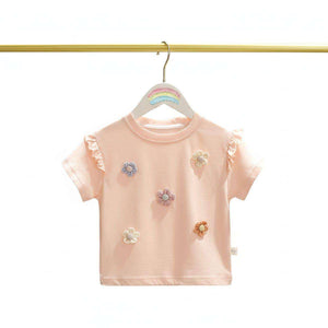Baby girl cotton tee with 3D crochet daisy appliqués and ruffled butterfly sleeves