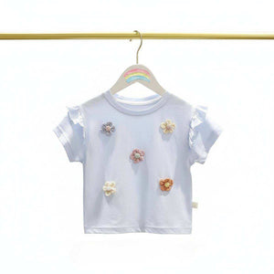 Baby girl cotton tee with 3D crochet daisy appliqués and ruffled sleeves