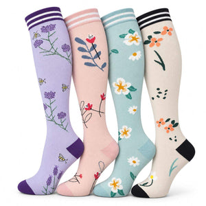 Compression Socks in lavender, blush pink, aqua and cream knit, featuring floral prints and striped cuffs