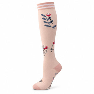 Compression Socks in pale pink knit with red and navy floral motifs, striped ribbed cuff and closed toe