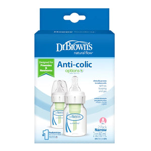 Dr Brown's Options+ Anti Colic Narrow Neck Bottle with Preemie Teat, 60ml 2 pack Baby Bottle