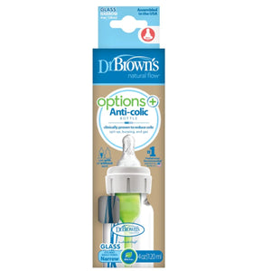 Dr Brown's Options+ Anti Colic Narrow Neck GLASS Bottle with Level 1 Teat, 120ml & 250ml Baby Bottle