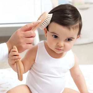 Feather & Fawn 3-piece baby grooming set with wooden brush, comb, and natural sheep wool bristles