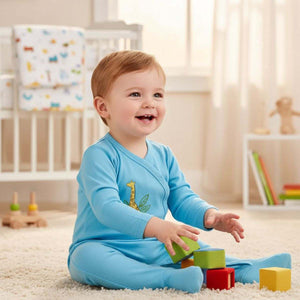 Feather & Fawn Babyhug Cotton Interlock Front - Open Romper | Animal Safari Print / Light Blue Giraffe Baby Clothes