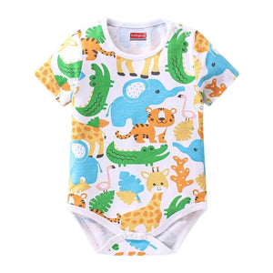 Feather & Fawn Babyhug Cotton Knit Half - Sleeve Baby Onesie | Safari Joy Ride, Jungle Animals, or Striped Baby Clothes