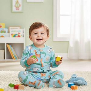 Feather & Fawn Babyoye Full - Sleeve Cotton Romper | Safari Lion or Jungle Animals Baby Clothes