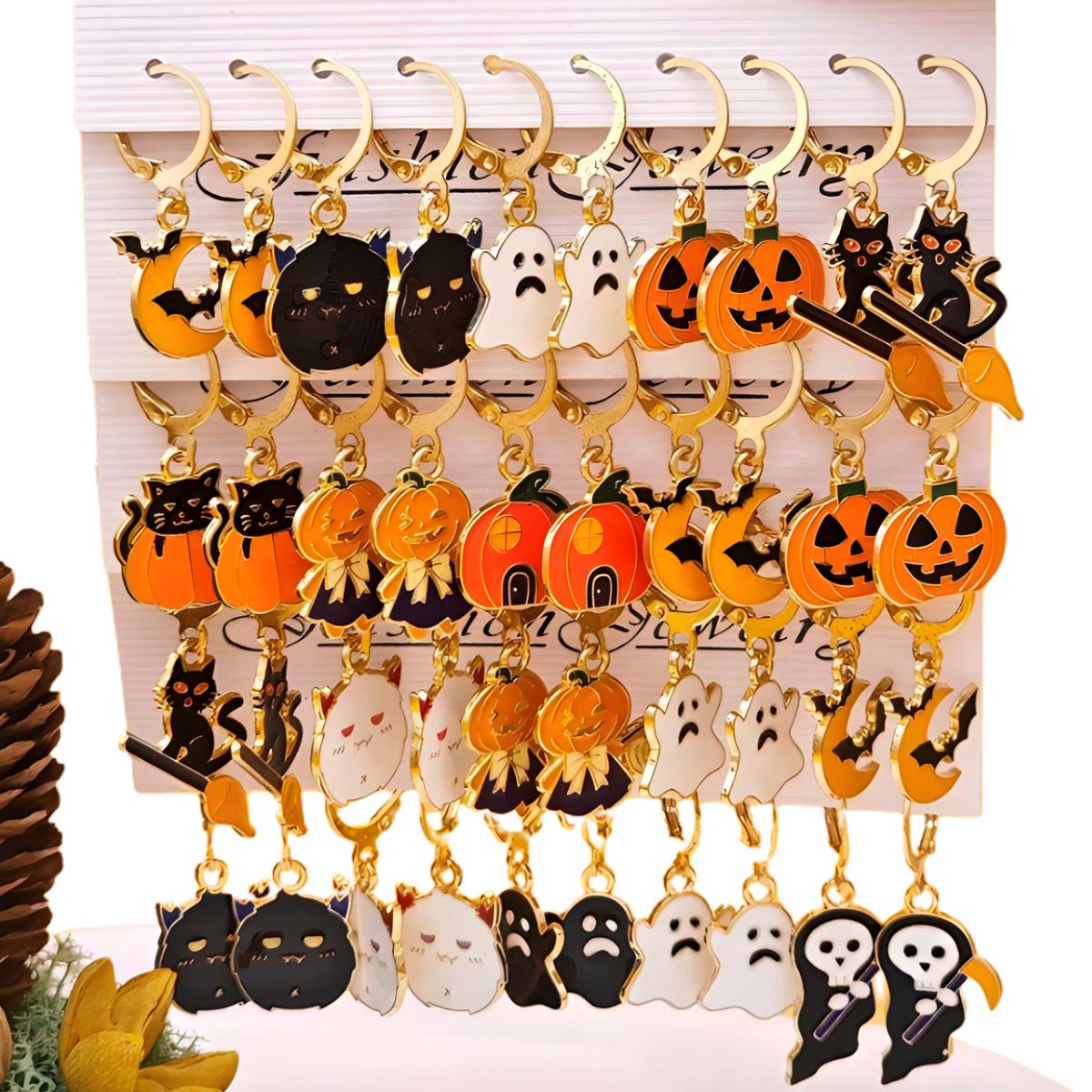 Feather & Fawn Halloween Alloy Earrings | Random Spooky Pair (Pumpkin, Bat, Ghost & Cat Designs) Halloween