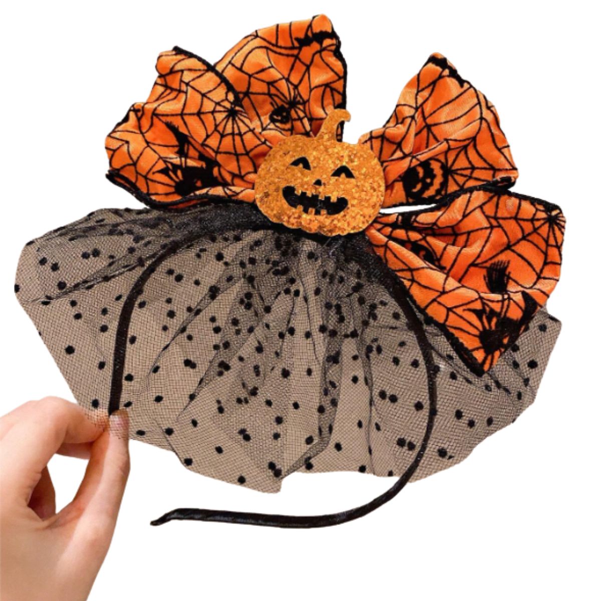 Feather & Fawn Halloween Pumpkin Bow Headband | Glitter & Mesh Spiderweb Design Halloween