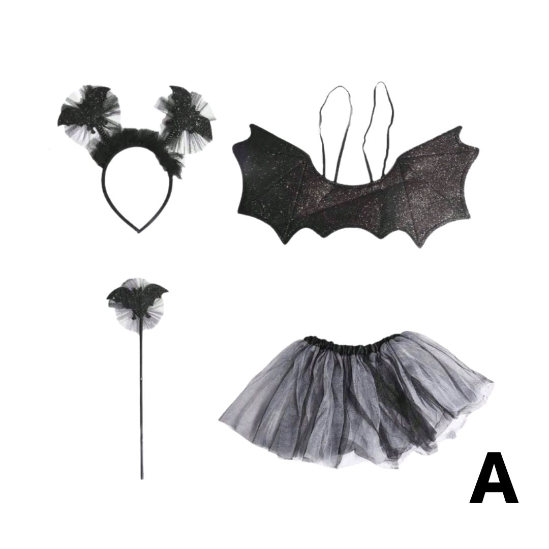 Feather & Fawn Kids Halloween Costume Set | Bat & Spider 4 - Piece Dress - Up Outfit (Wings, Skirt, Headband & Wand)