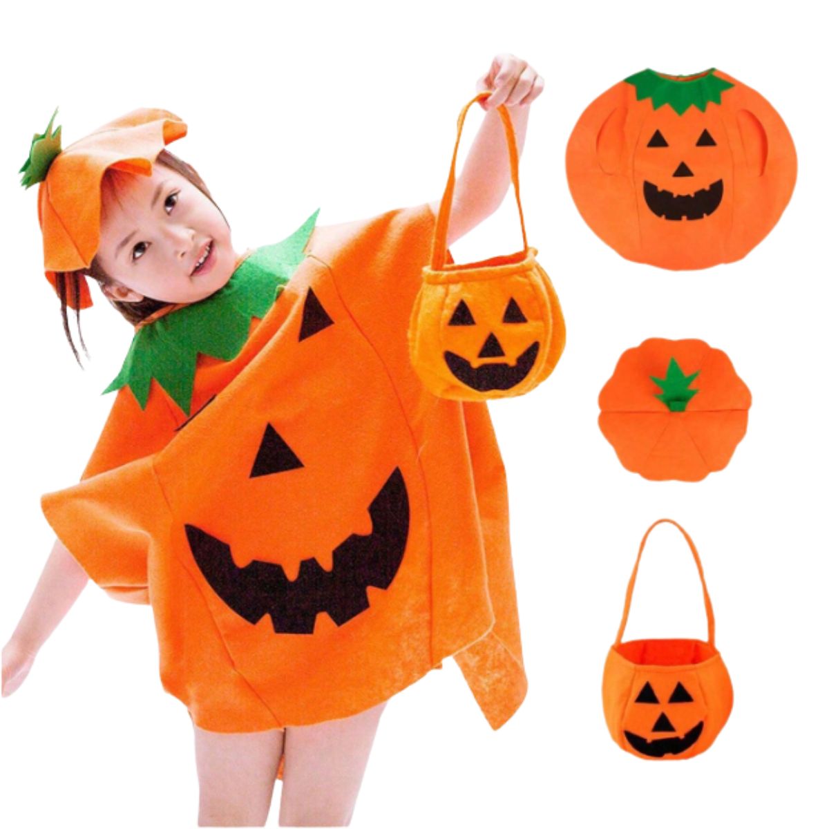 Feather & Fawn Kids Pumpkin Halloween Costume Set | 3 - Piece Outfit with Hat, Cloak & Pumpkin Bag (Fits Ages 3โ10 Years) Halloween