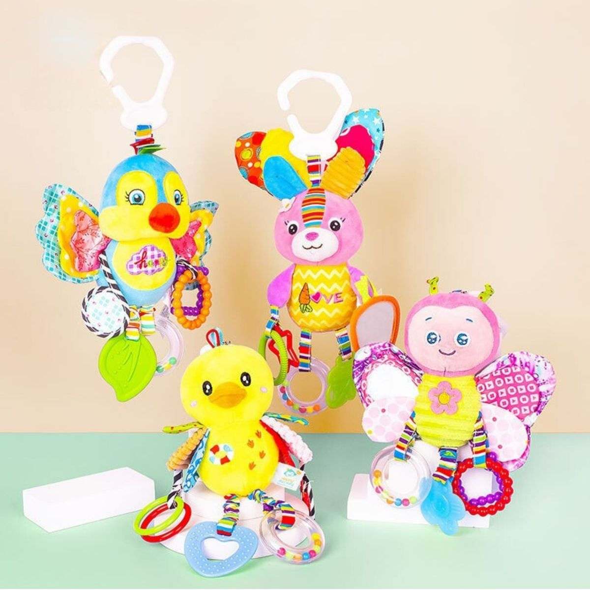 Feather & Fawn Plush Pram Hanging Animal Toy | Rabbit, Bird, Duck & Butterfly Pram Hanging Toy