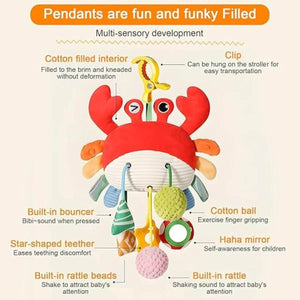 Feather & Fawn Pram Hanging Toy Sensory Plush Toy with Squeaker | Crab & Zebra Pram Hanging Toy