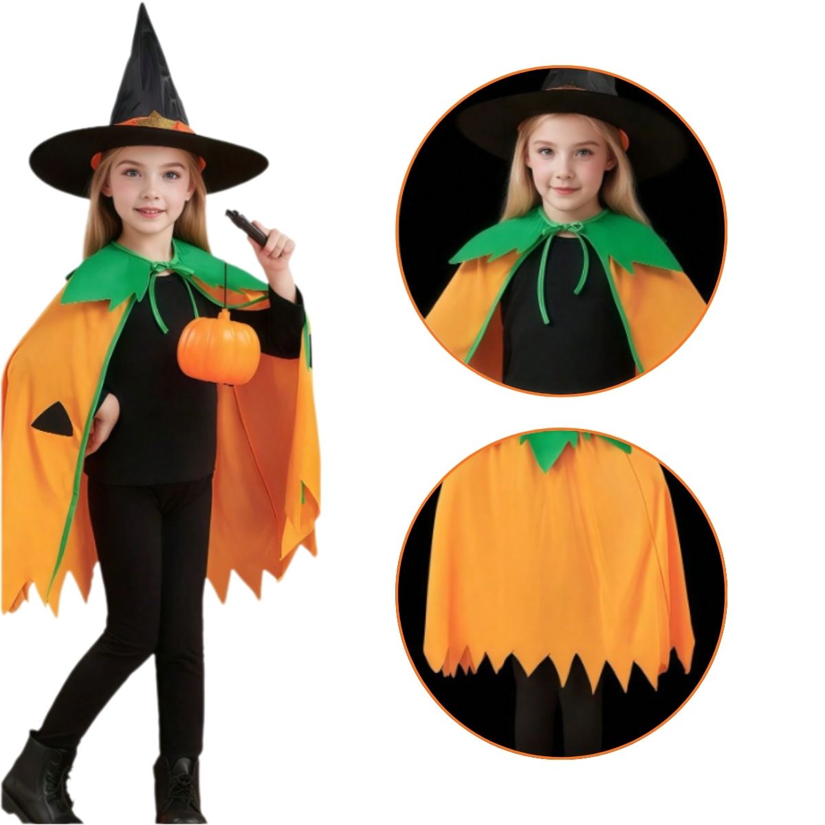 Feather & Fawn Pumpkin Cloak with Witch Hat | Kids Halloween Costume Cape Set Halloween