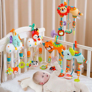 Feather & Fawn Sensory Animals Baby Hanging Toy For Pram With Teether Pram Hanging Toy