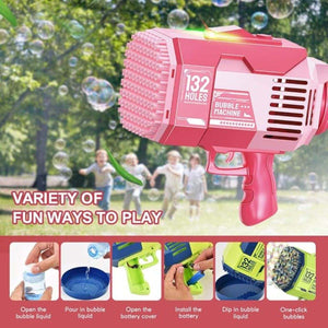 Kidst Bubble Machine Bazooka rechargeable 132-hole bubble blaster with LED lights for outdoor fun