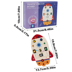 Montessori Busy Board wooden sensory toy with lights, switches, and knobs for toddlers aged 3+