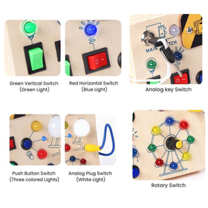 Montessori Busy Board wooden sensory toy with lights and switches for toddlers aged 3 plus