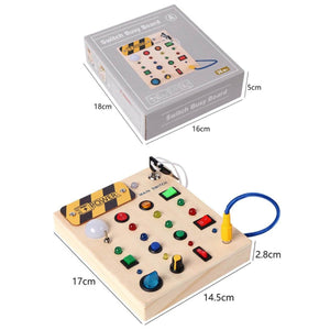 Montessori Busy Board wooden sensory toy with lights and switches for toddlers aged 3+