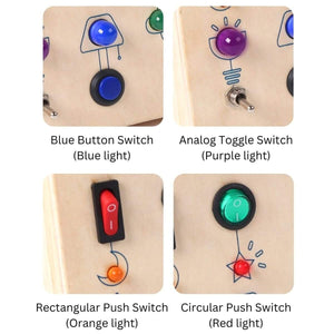 Montessori Busy Board wooden sensory toy with lights, switches, and buttons for toddlers aged 3+