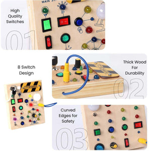 Toddly Montessori Busy Board wooden sensory toy with LED lights and switches for children aged 3+