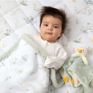 Living Textiles Goose Security Blanket with organic cotton and plush polyester, featuring a Velcro loop for attachment.