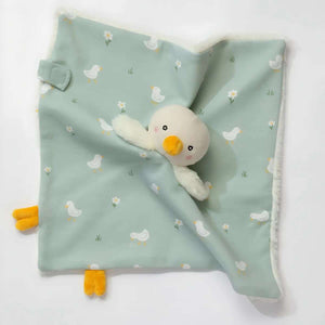 Living Textiles Goose Security Blanket with organic cotton front and plush polyester back, featuring Velcro loop for attachment.