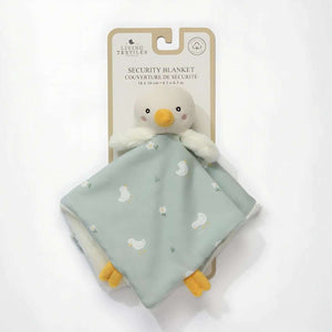 Living Textiles Goose Security Blanket with organic cotton front and plush polyester back, featuring Velcro loop attachment for baby comfort and travel.