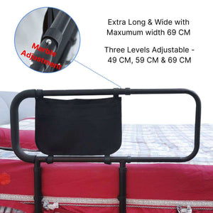 Adjustable RiseEase bed rail for elderly with foam handle and storage pockets