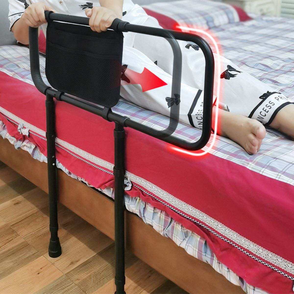 RiseEase adjustable bed rail with foam handle and storage pockets for elderly