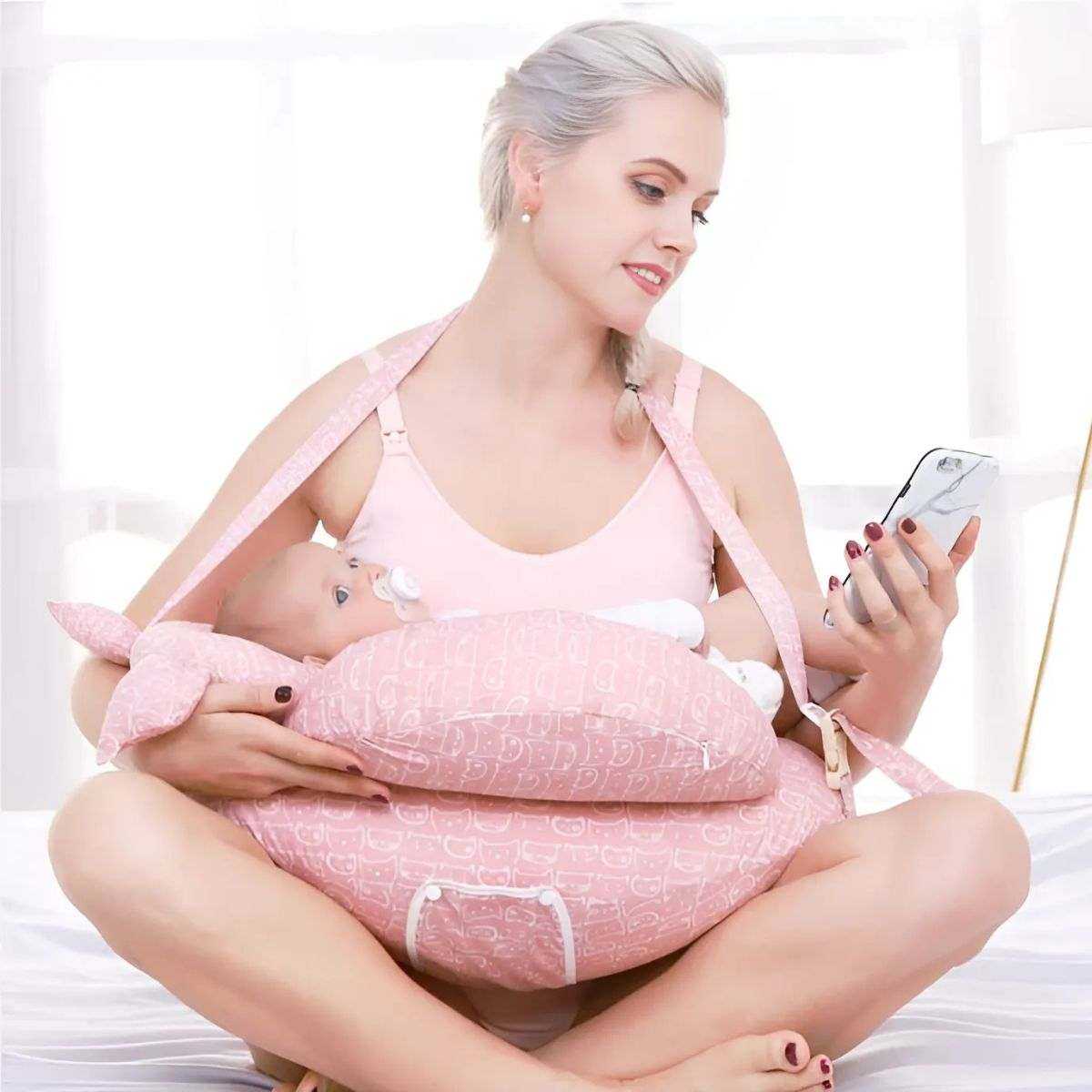 MaterniCare Embrace breastfeeding pillow with shoulder strap and waist belt in grey