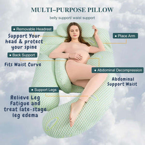 MaterniCare SnuggleMate G-Shape pregnancy pillow providing full-body maternity support in green and grey hypoallergenic options