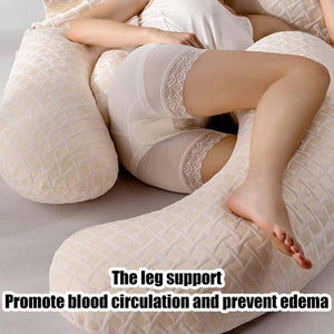 MaterniCare SnuggleMate G-Shape pregnancy pillow in green and grey, designed for full-body maternity support and hypoallergenic comfort