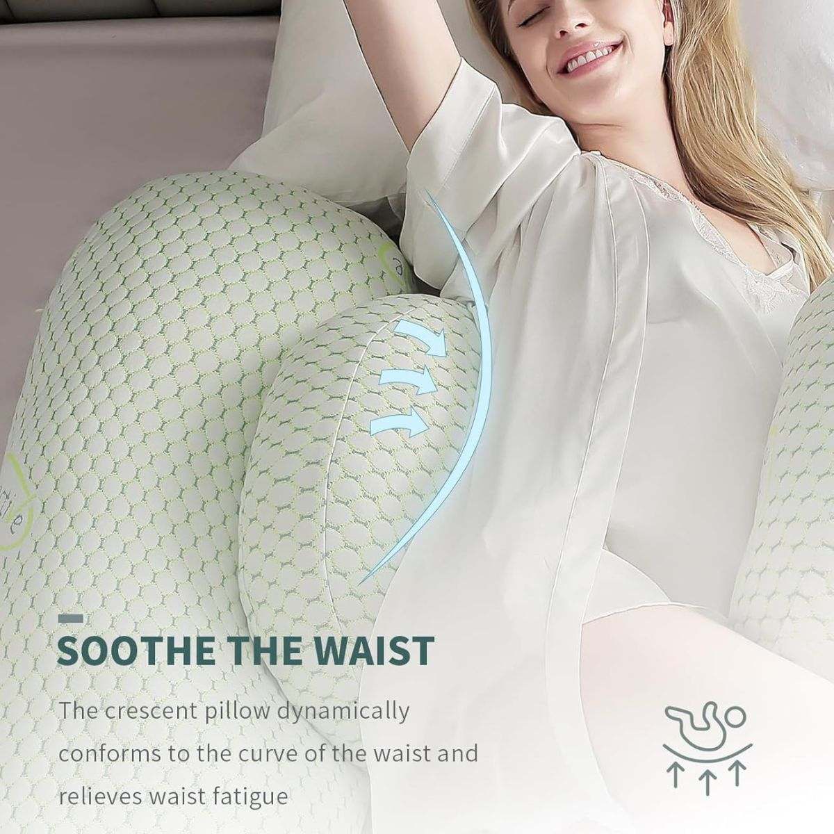 MaterniCare SnuggleMate G-Shape pregnancy pillow in green and grey for full-body maternity support and comfort