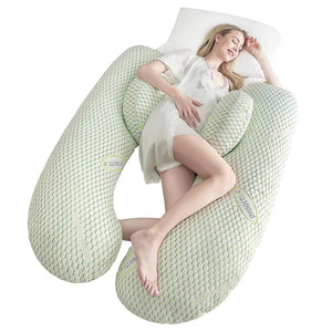 MaterniCare SnuggleMate G-Shape pregnancy pillow in green and grey for full-body maternity support