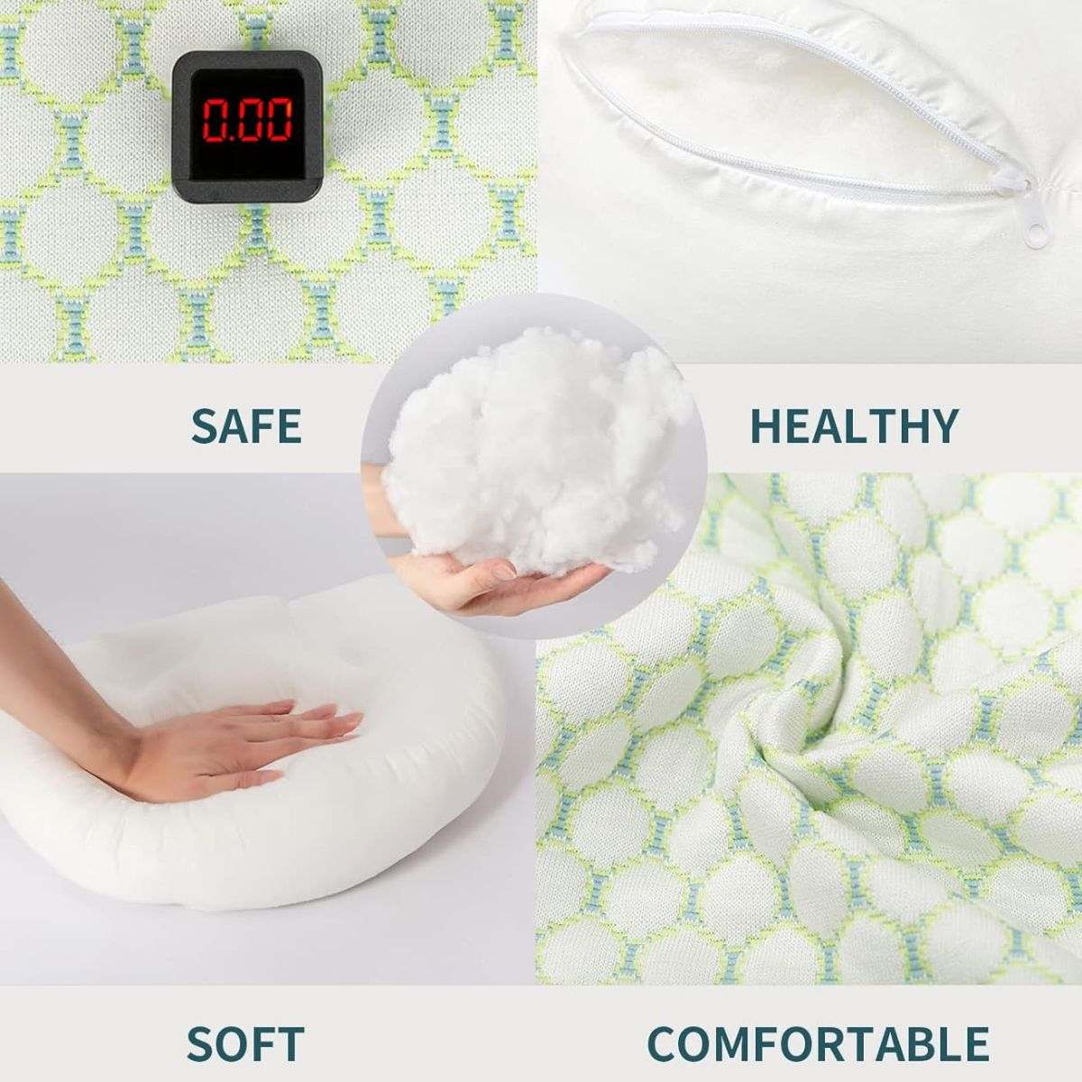 MaterniCare SnuggleMate G-Shape maternity pillow in green and grey, offering full-body pregnancy support with hypoallergenic, eco-friendly materials.