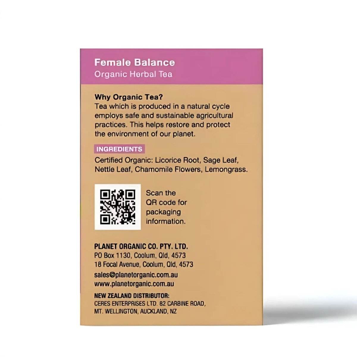 Planet Organic Female Balance Tea box with 25 organic herbal tea bags and compostable packaging