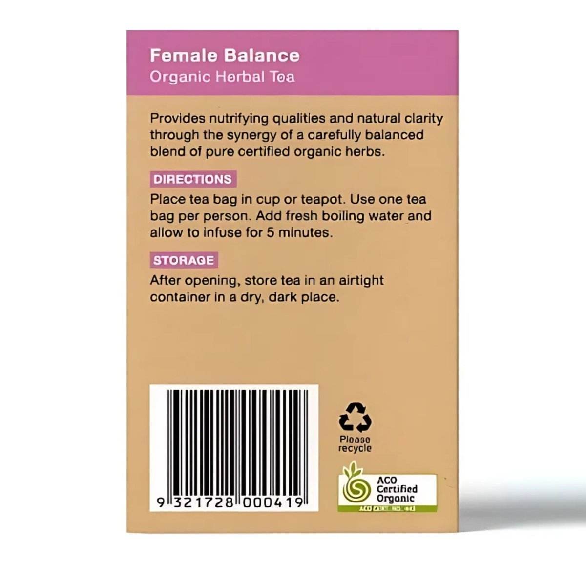 Planet Organic Female Balance Tea box with 25 organic herbal pyramid tea bags