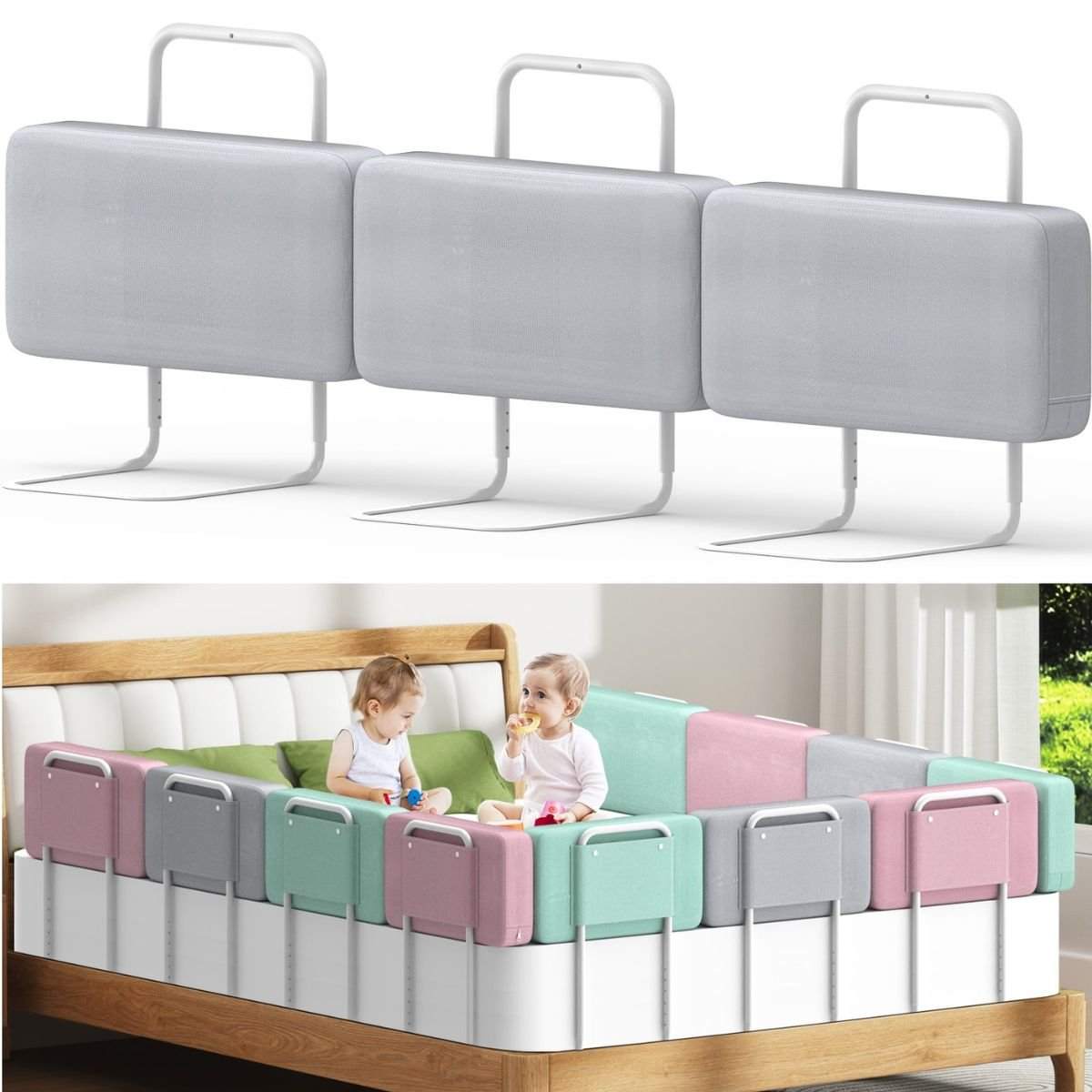 Toddly FoamGuard adjustable height toddler bed rail with soft fabric and easy installation for travel and home safety