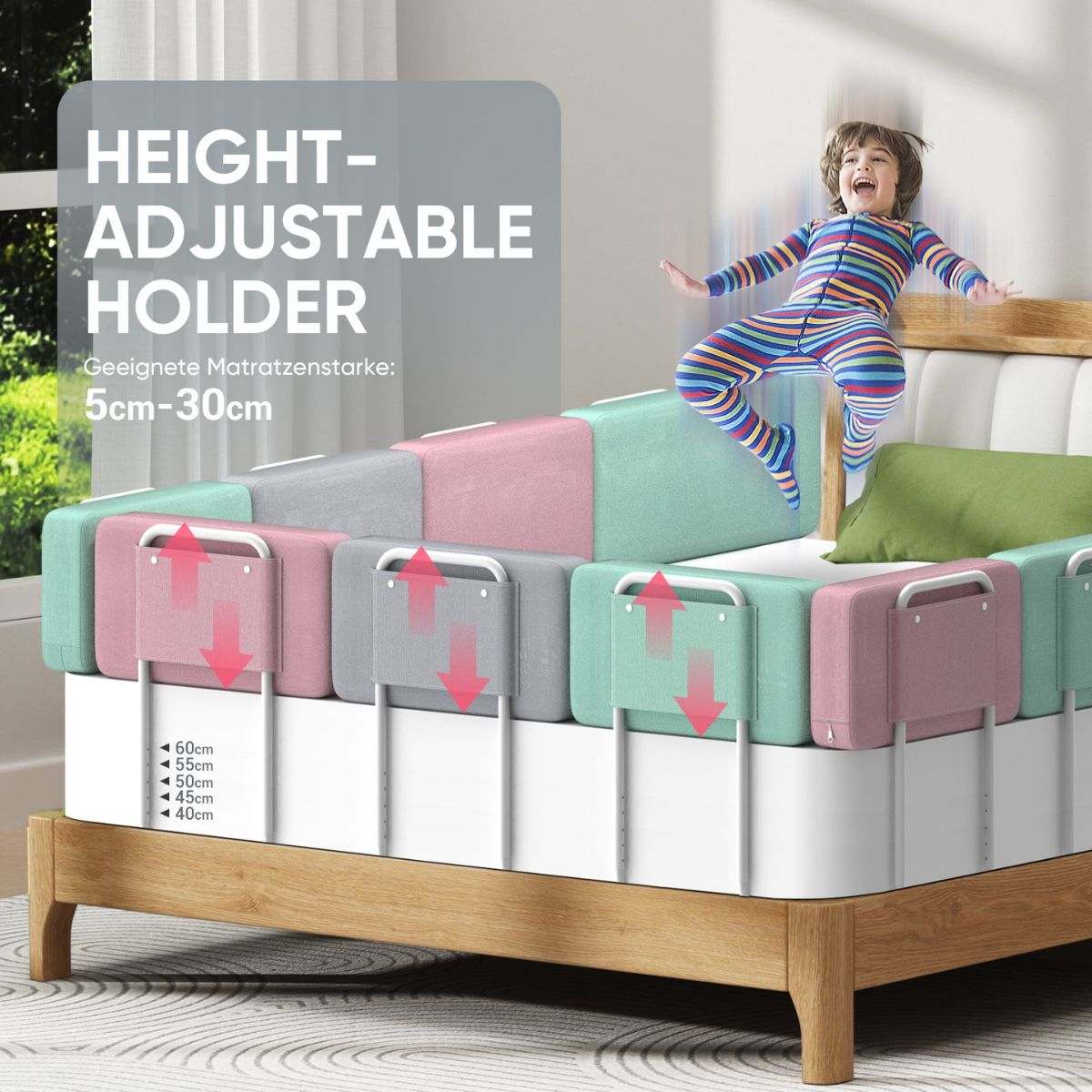 Toddly FoamGuard adjustable toddler bed rail with soft fabric and easy installation for travel and home safety