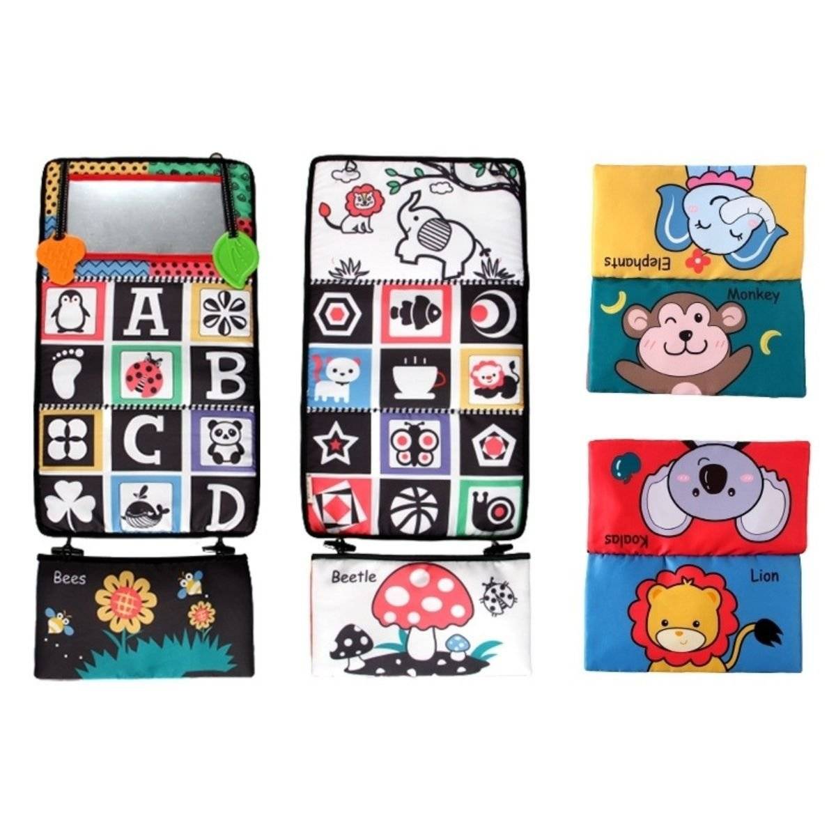 Montessori-inspired sensory tummy time mirror toy with textured cloth book and soft teethers for babies