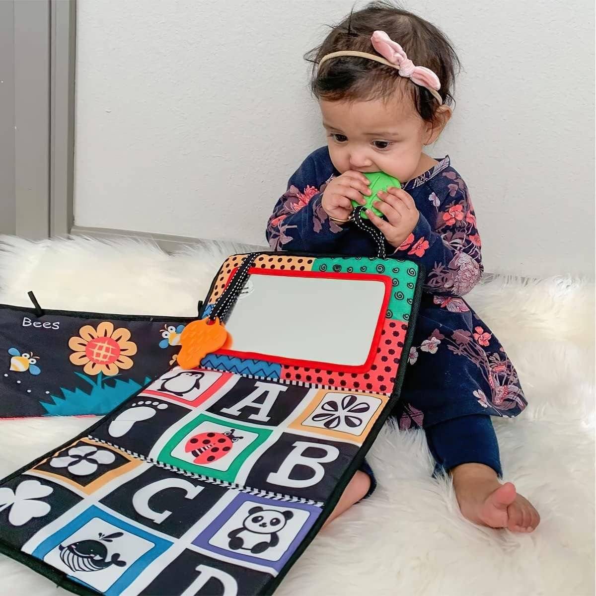 Montessori-inspired sensory tummy time mirror toy with textured cloth book and soft teethers for baby development